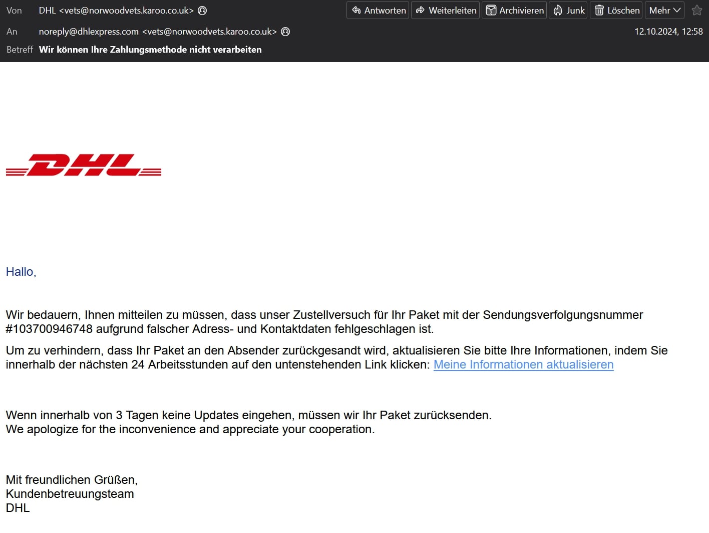 Screenshot einer Phishing-E-Mail im DHL-Design. Die Nachricht behauptet, eine Paketzustellung sei wegen falscher Adressdaten fehlgeschlagen, und fordert zur Aktualisierung persönlicher Informationen über einen Link auf.